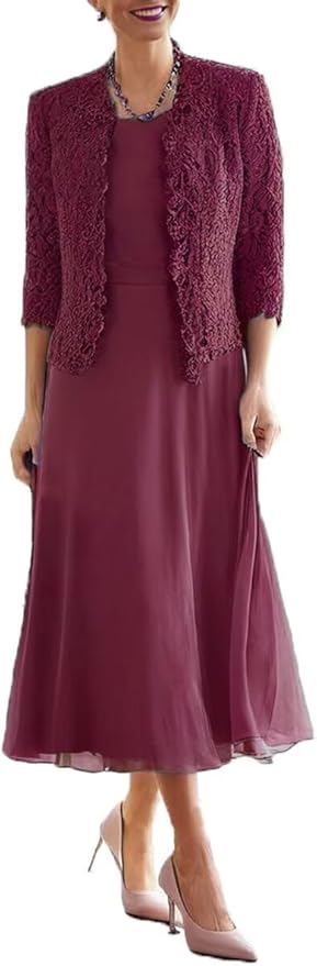 Tea Length Grandmother of The Bride Dresses with Jackets Elegant Laces Mother of Bride Dress for Wedding Guests