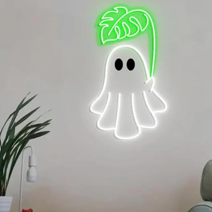Cute Ghost Monstera Neon Sign, Cute Ghost Neon Light, Monstera Leaf Wall Art, Gifts for Plant Obsessed, Cute Plant Gifts Size:H15 x W8inches