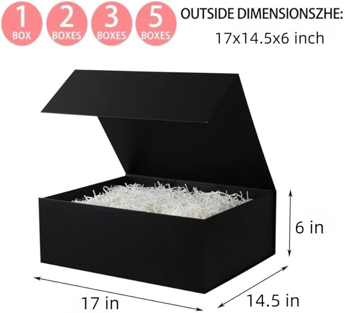 UoeRing 2 Pack Extra Large Black Gift Box 17x14.5x6 inch Luxury Gift Box for Presents with Magnetic Closure Lid Collapsible,Birthday,Christmas,Contains Card, Ribbon,Tissue Paper,Shredded Paper Filler