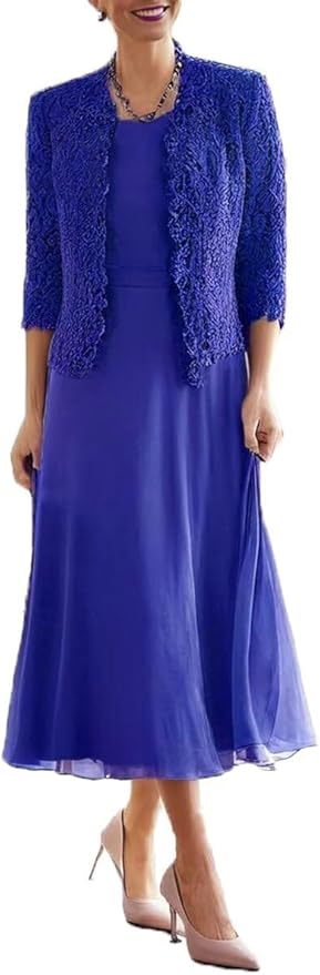 Tea Length Grandmother of The Bride Dresses with Jackets Elegant Laces Mother of Bride Dress for Wedding Guests