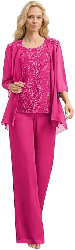 3 Pieces Mother of The Bride Pant Suits Long Laces Appliques 3/4 Sleeves Chiffon Mother of The Groom Dress