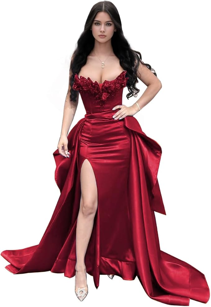 GARDOM Mermaid Satin Prom Dress 2026 Strapless Ball Gown Leaf Ruffle Sequin Slit Formal Dresses for Women Evening Wedding