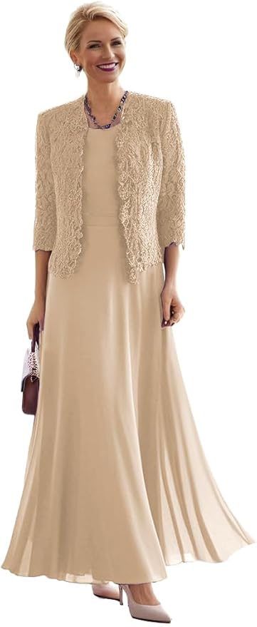 2 Pieces Mother of The Bride Dresses for Women Laces Mother of The Groom Dress 3/4 Sleeve Chiffon Formal Evening Dresses