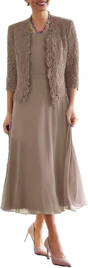 Tea Length Grandmother of The Bride Dresses with Jackets Elegant Laces Mother of Bride Dress for Wedding Guests