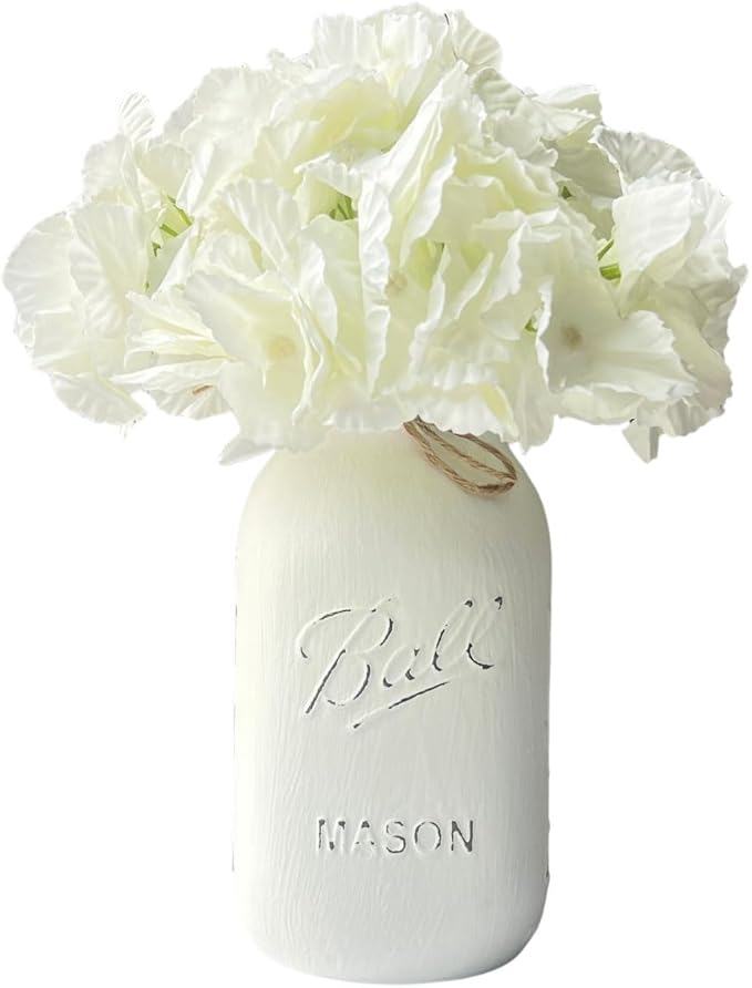 White Mason Jar Centerpieces for Baby Shower, Set of 5-32 oz Hand-Painted Mason Jars for Wedding, Baby Shower, Bridal Shower Decor - Centerpiece Table Decorations (5 White w/Hydrangea)