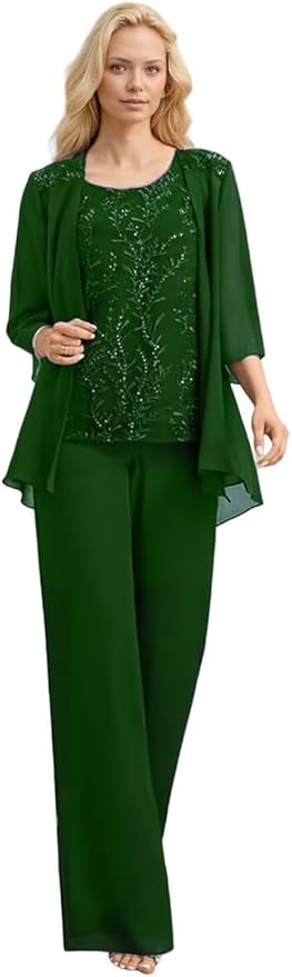 3 Pieces Mother of The Bride Pant Suits Long Laces Appliques 3/4 Sleeves Chiffon Mother of The Groom Dress