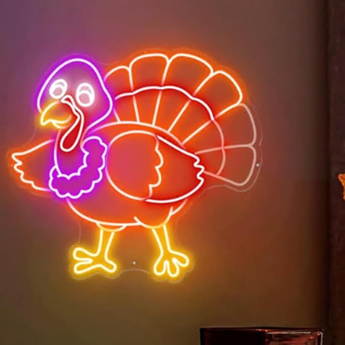 3D Turkey Tail Moving Neon Sign, Turkey Thank Giving days, Thanksgiving Rooster Turkey Neon Sign, Thanksgiving party Decor Size:20x18inches
