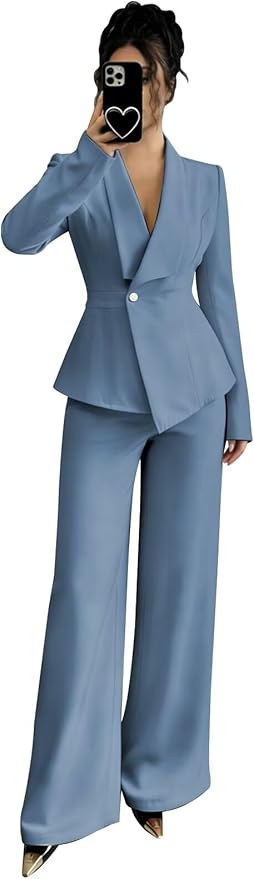 Pant Suits for Women Dressy 2 Piece Womens Pantsuit Long Sleeve Lapel V-Neck Formal Outfit for Wedding Guest