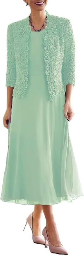 Tea Length Grandmother of The Bride Dresses with Jackets Elegant Laces Mother of Bride Dress for Wedding Guests