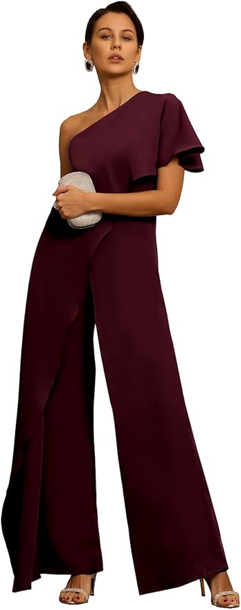 Mother of The Bride Jumpsuit Chiffon One Shoulder Ruffles Wedding Guest Pantsuit for Women