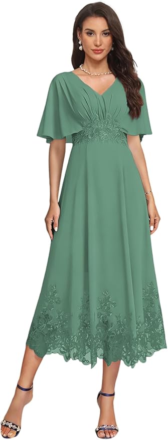 Tea Length Mother of The Bride Dress with Sleeves Laces Formal Evening Gowns for Wedding V Neck Wedding Guest Gown ZMX37