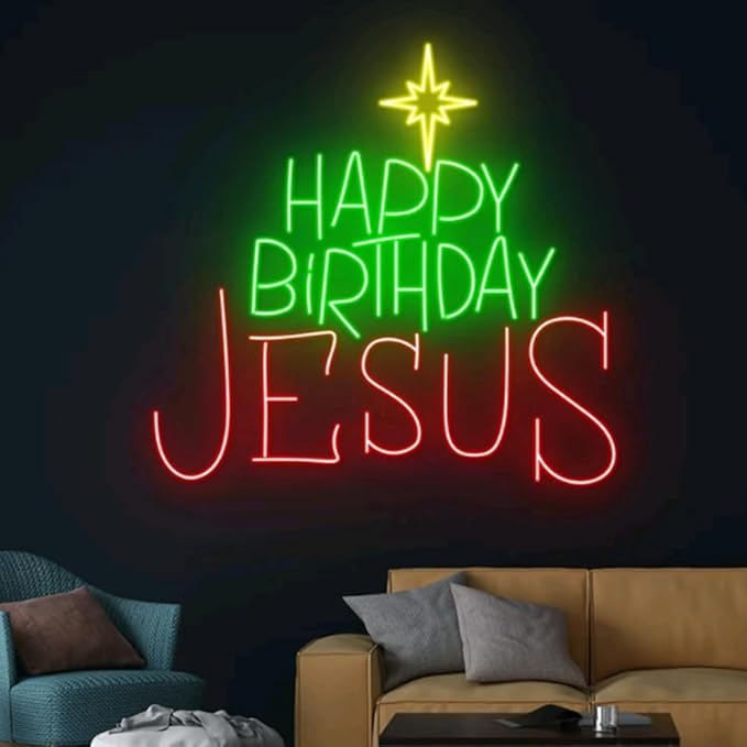 Happy Birthday Jesus Neon Sign, Happy Birthday Jesus Led Sign, Merry Christmas Neon Light, Happy New Year Room Wall Decor,Christmas Led Sign Size:17 inches