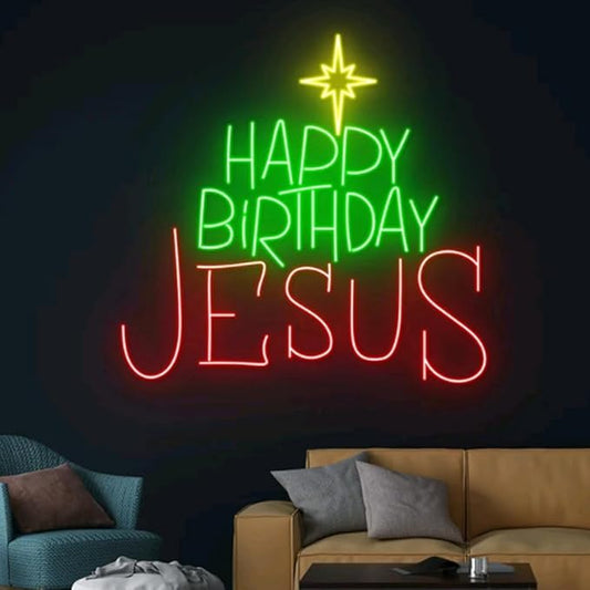Happy Birthday Jesus Neon Sign, Happy Birthday Jesus Led Sign, Merry Christmas Neon Light, Happy New Year Room Wall Decor,Christmas Led Sign Size:17 inches