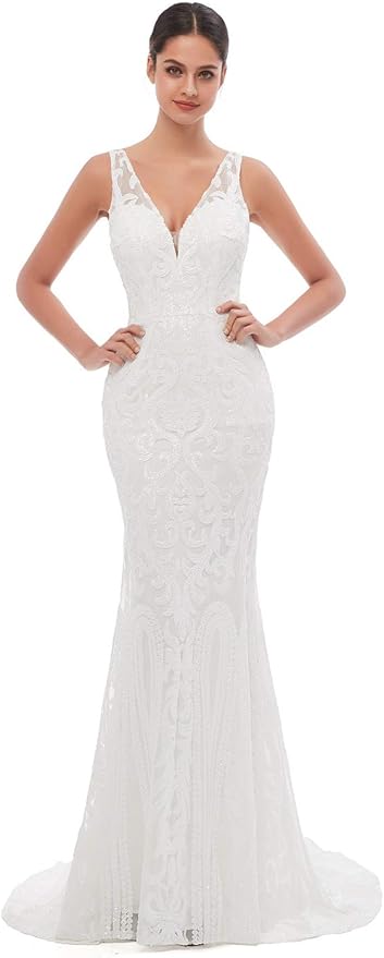 Women's Double V-Neck Sequins Lace-up Mermaid Evening Dress
