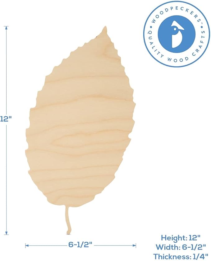 Leaf Cutout 12 x 6-1/2 inches, 6 Unfinished Birch Wood Cutouts for Autumn Decor and DIY Crafts, by Woodpeckers