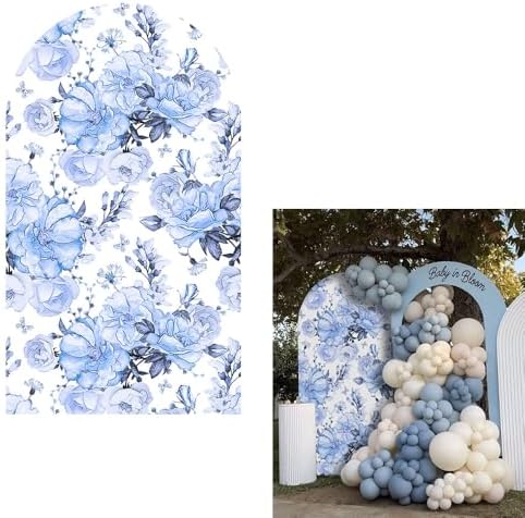 Blue Florasl Arch Backdrop Cover Baby in Bloom Baby Shower Decorations Arch Stand Spandex Covers Afternoon Tea Event Wedding Birthday Party Decors (4x7.2ft Cover,3853)