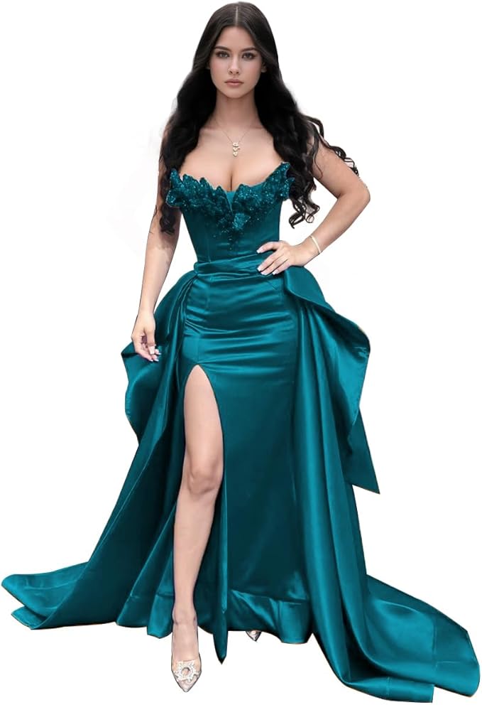 GARDOM Mermaid Satin Prom Dress 2026 Strapless Ball Gown Leaf Ruffle Sequin Slit Formal Dresses for Women Evening Wedding