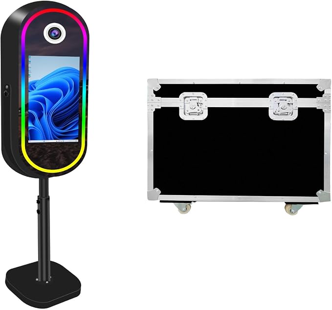 Oval Magic Mirror Photo Booth Machine with Flight Case, 21.5inch Touch Screen Built-in Mini PC for Wedding Parties (Black, Printer + Photo Booth)
