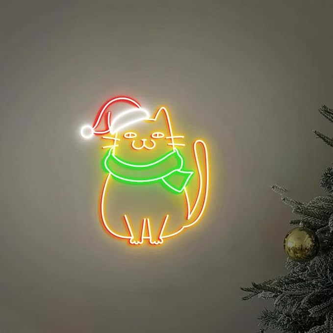 Meowy Christmas Neon Sign, Christmas Cat Home Decor, Cute Cat for Christmas Home Decor, Christmas Gift for Cat Lovers, Meowy Cat Gift Size:H16xW13inches