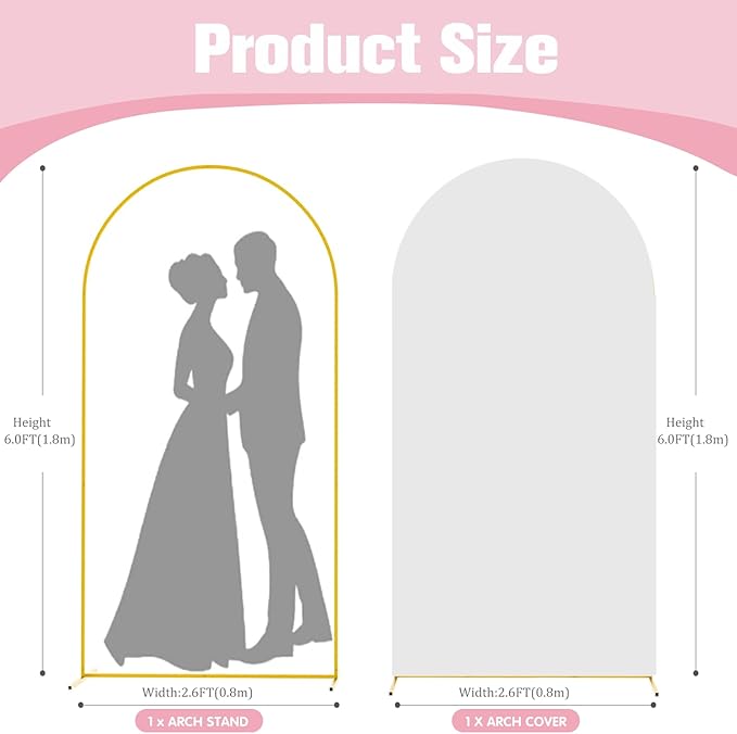 6FT Arch Backdrop Stand and Arch Cover Set, Gold Metal Arch Stand Backdrop with White Arch Stand Cover Ideal for Weddings, Birthday Parties, Baby Showers, Celebration Decorations