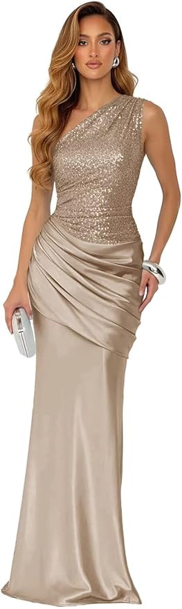 Sparkly Sequins Mermaid Prom Dress 2026 for Women Long Satin One Shoulder Asymmetrical Pleated Formal Evening Gown