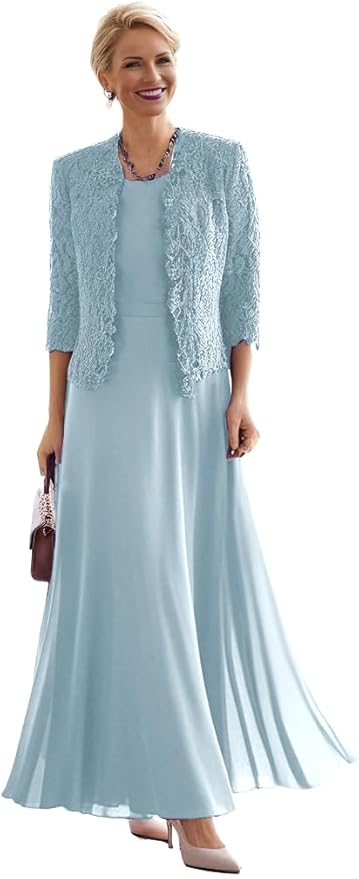 2 Pieces Mother of The Bride Dresses for Women Laces Mother of The Groom Dress 3/4 Sleeve Chiffon Formal Evening Dresses