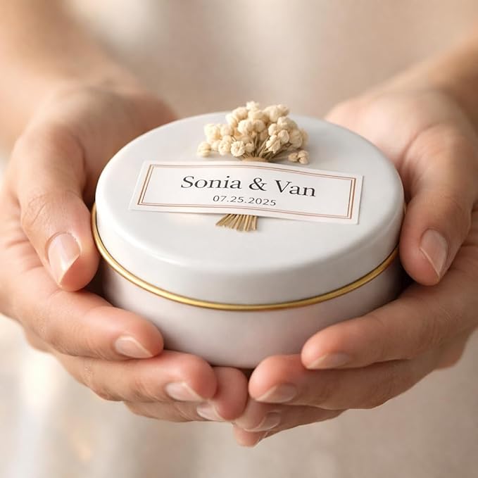 Personalized Scented Soy Wax Candle Favors with Dried Flowers, White Tin Guest Gifts for Weddings, Bridal & Baby Showers, Bulk Sets (10–200 Count)