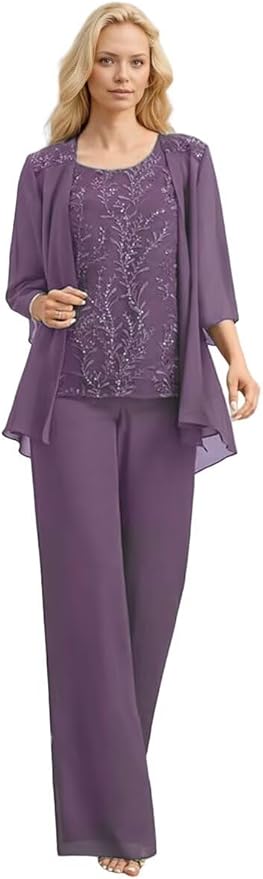 3 Pieces Mother of The Bride Pant Suits Long Laces Appliques 3/4 Sleeves Chiffon Mother of The Groom Dress