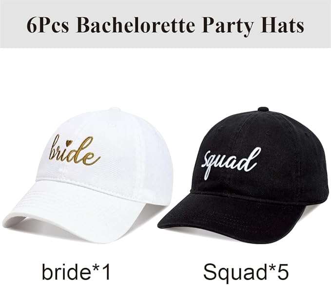 PartyGifts&beyond 6Packs Bachelorette Hat Bridesmaid Hat Bachelorette Party Favors Embroidered Bride Squad Baseball Cap