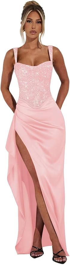Basgute Sparkly Sequin Prom Dresses for Women 2026 Mermaid Corset Long Slit Ball Gown Formal Evening Party Dress