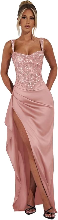 Basgute Sparkly Sequin Prom Dresses for Women 2026 Mermaid Corset Long Slit Ball Gown Formal Evening Party Dress