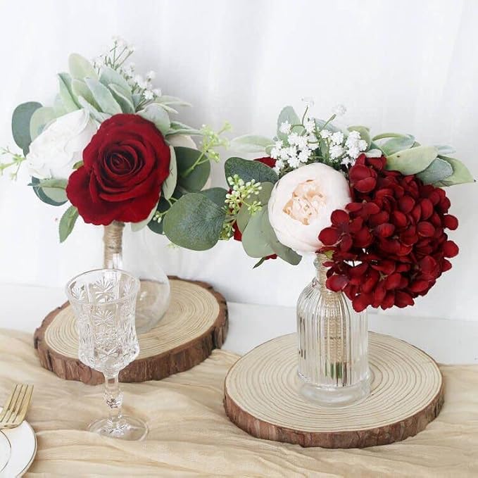 Artificial Flowers Bridesmaids Bouquets Set of 6 - Burgundy and White Bridesmaid Bouquet Handmade Small Silk Rose Floral Bouquet for Wedding Bridal Shower Anniversary Marriage Proposal -7 Inch