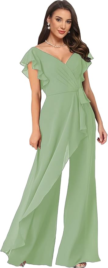 Chiffon Mother of The Bride Jumpsuits for Women Asymmetrical Pant Suits Flutter Sleeve V Neck Formal Evening Outfits