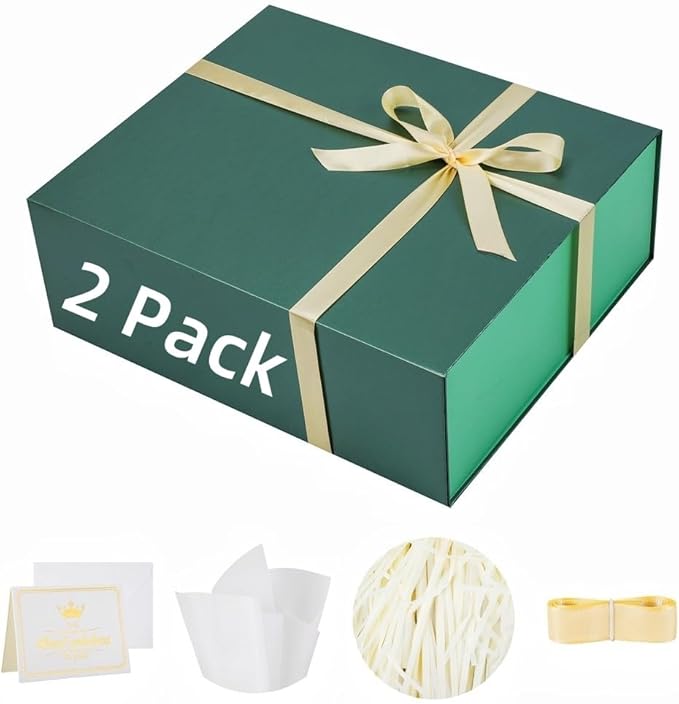 UoeRing 2 Pack Extra Large Green Gift Box 17x14.5x6 inch Luxury Gift Box for Presents with Magnetic Closure Lid Collapsible,Birthday,Christmas,Contains Card, Ribbon,Tissue Paper,Shredded Paper Filler
