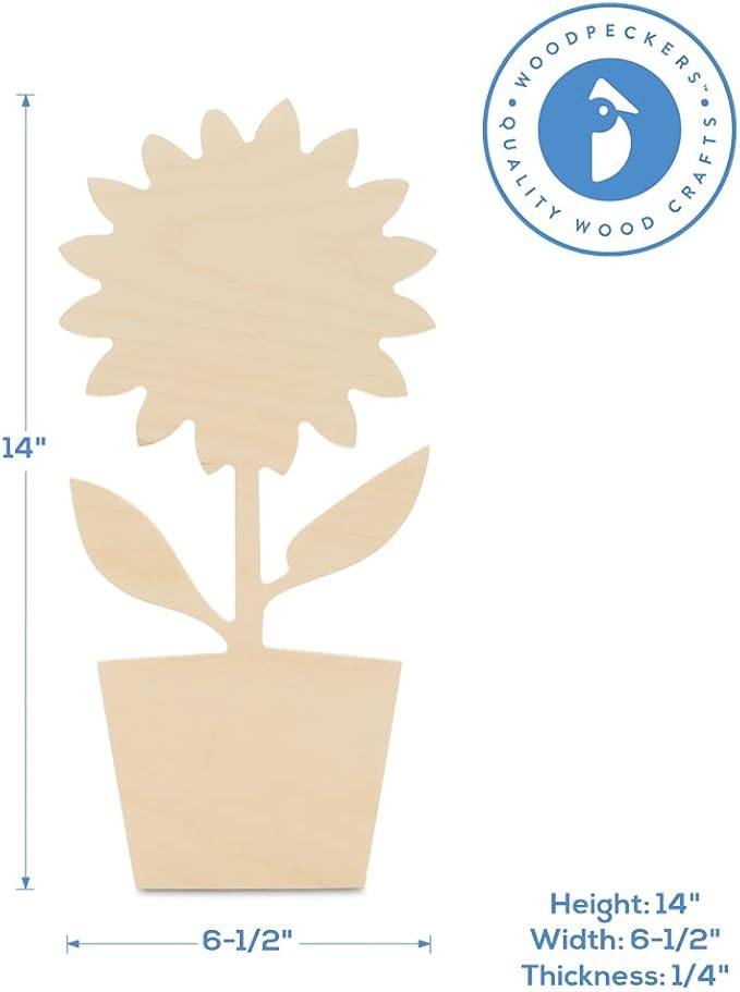 Sunflower Pot Cutout 14 x 6-1/2 inches, 6 Unfinished Birch Wood Cutouts for Autumn Decor and DIY Crafts, by Woodpeckers