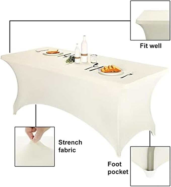 FORLIFE 6Pack Spandex Table Covers 6ft，Fitted Tablecloth for 6ft Rectangular Tables, Stretch Patio Table Covers, Universal Spandex Table Cover for Wedding, Banquet, Party - Ivory