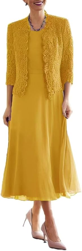 Tea Length Grandmother of The Bride Dresses with Jackets Elegant Laces Mother of Bride Dress for Wedding Guests