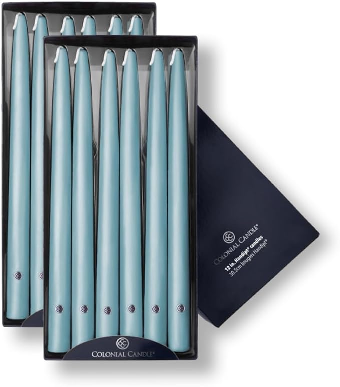 Colonial Candle Unscented Taper Candle, Handipt Collection, Coastal Blue, 12 in, Pack of 12 - Up to 10 Hours Burn