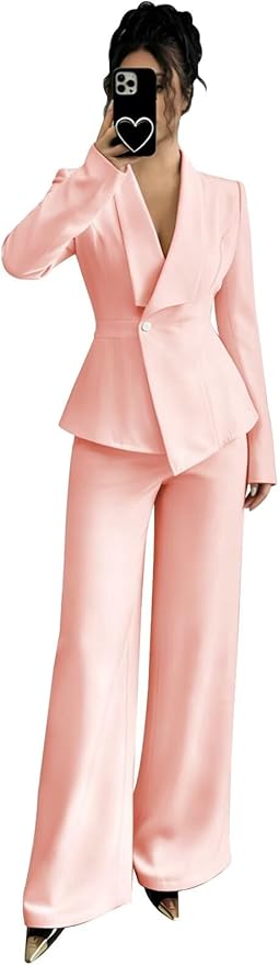Pant Suits for Women Dressy 2 Piece Womens Pantsuit Long Sleeve Lapel V-Neck Formal Outfit for Wedding Guest