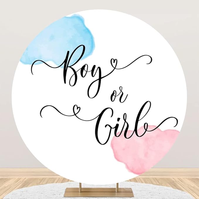 Laeacco 6.5x6.5ft Boy or Girl Gender Reveal Round Backdrop Pink Blue Watercolor Pattern Newborn Baby Shower Arch Photography Background He or She Neutral Reveal Party Cake Table Decor Photo Booth Prop