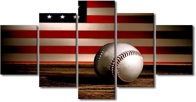 Wall Art Vintage USA American Flag Baseball Military Canvas Painting Modern Home Decor 5 Panel Wall Art American Flag Picture Print Canvas Painting Decor for Living Room Framed Ready to Hang-60"Wx32"H