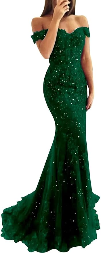 Tulle Long Prom Dresses Off The Shoulder Mermaid Dress with Elegant Laces Appliques Formal Evening Party Gowns