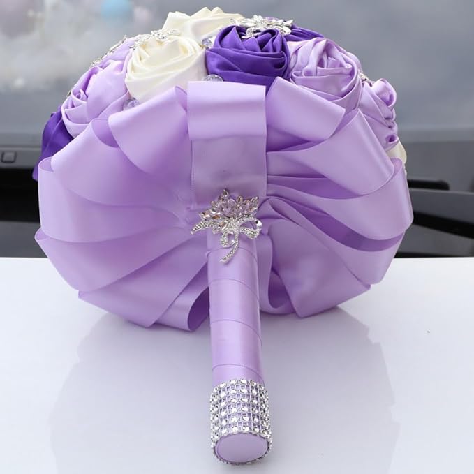 Handmade Wedding Bridal Bouquet with Luxury Silver Rhinestone Brooch for Bride Bridesmaid Quinceanera Satin Rose Flower Wedding Bouquet Purple Lavender and Ivory 7.5in