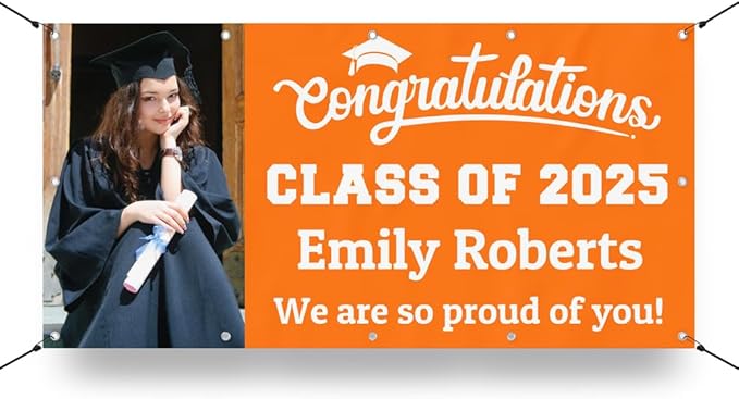 Personalized Graduation Photo Vinyl Banner Sign - Class of 2025 Custom Photo and Name - Milweb1 - Orange - 2'x4'
