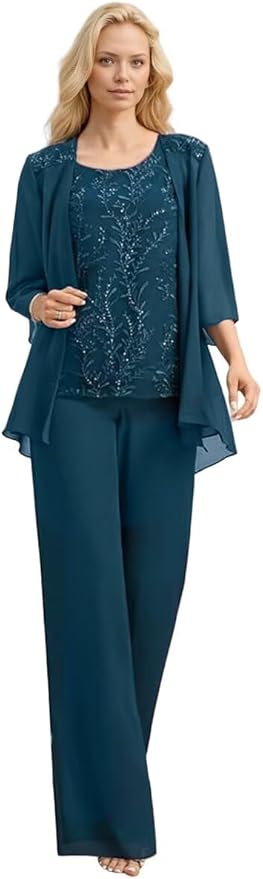 3 Pieces Mother of The Bride Pant Suits Long Laces Appliques 3/4 Sleeves Chiffon Mother of The Groom Dress