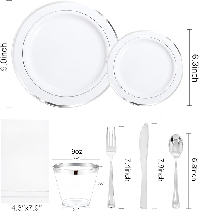 GATHER 350PCS Silver Plastic Plates - White and Silver Disposable Plates for 50 Guests Includes 100 Plate, 50 Napkins, 150 Silvery Cutlery and 50 Cups for Party & Wedding