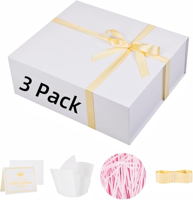 UoeRing 3 Pack Extra Large White Gift Box 17x14.5x6 inch Luxury Gift Box for Presents with Magnetic Closure Lid Collapsible,Birthday,Christmas,Contains Card, Ribbon,Tissue Paper,Shredded Paper Filler