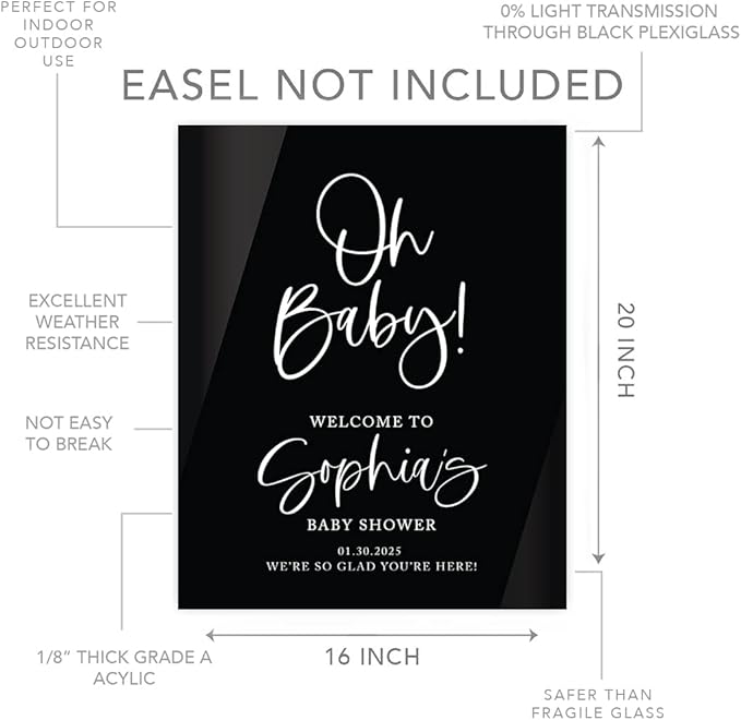 Andaz Press 16"x20" Black Acrylic Personalized Baby Shower Welcome Sign, Gender Neutral Large Oh Baby Sign for Easel Stand, Baby Shower Decorations