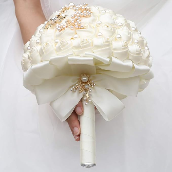 Handmade Wedding Bride Bridesmaid Bridal Bouquet Rose Holding Toss Artificial Flowers Bouquets with Satin Ribbon Pearls Rhinestone for Wedding Celebration Valentine’s Day Parties Bouquet Decor