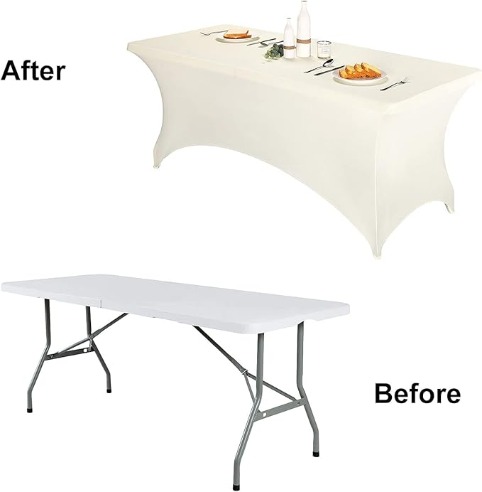 FORLIFE 4Pack Spandex Table Covers，Fitted Tablecloth for Rectangular Tables, Stretch Patio Table Covers, Universal Spandex Table Cover for Wedding, Banquet, Party (8ft, Ivory)
